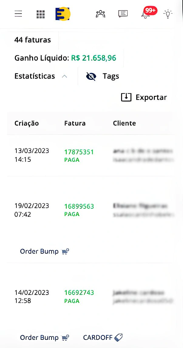 Dashboard financeiro mostrando R$ 21.658,96 líquido em 44 faturas