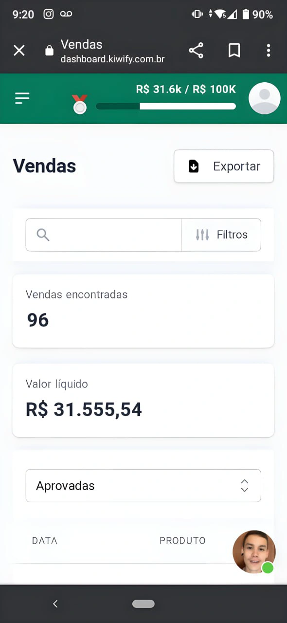 Dashboard Kiwify Mobile mostrando R$ 31.555,54 em 96 vendas